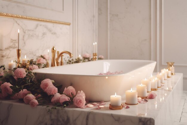 A bathtub with candles and flowers on it