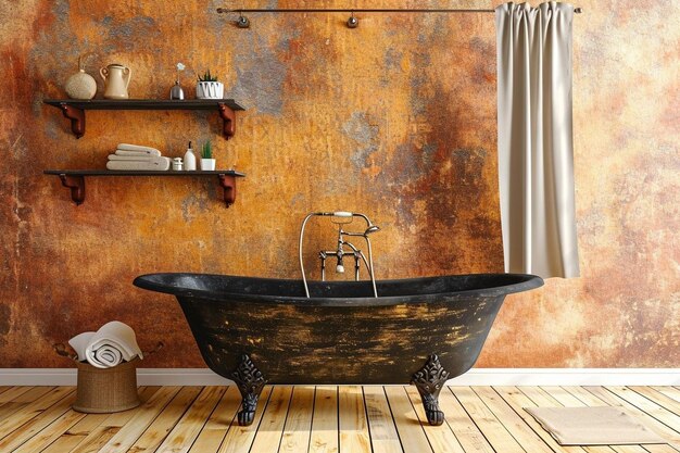 Bathtub with curtain and shelf