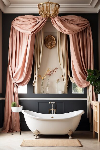 Bathtub with curtain and sink on cupboard