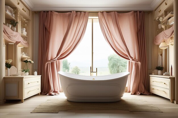 Bathtub with curtain and sink on cupboard