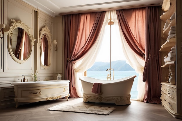 Bathtub with curtain and sink on cupboard