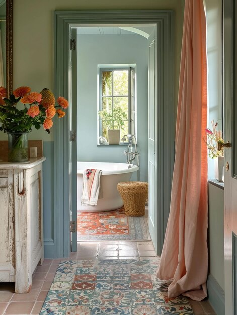 Photo a bathtub with flowers on the floor and a curtain that says  welcome