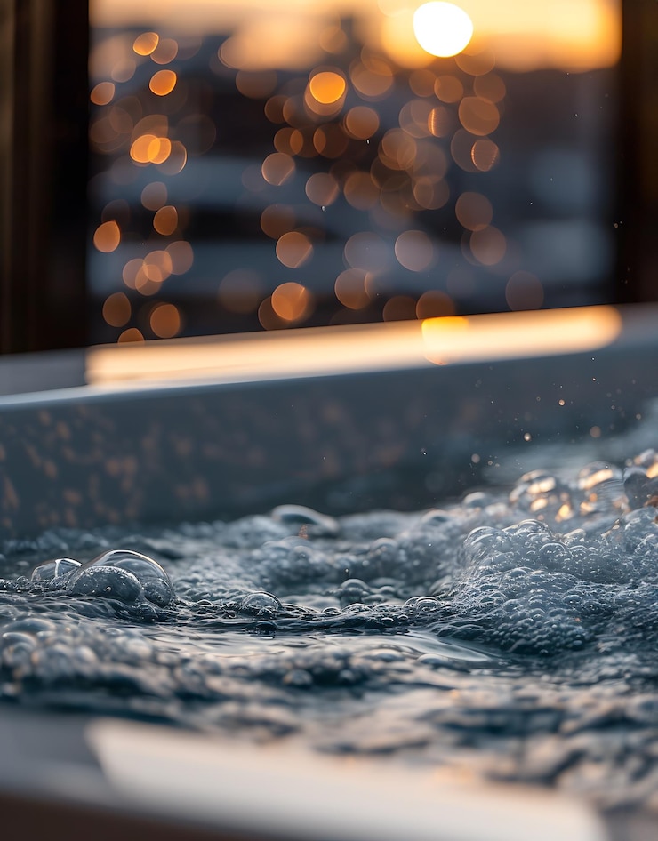 Photo bathtub with foam and water drops in the rays of the setting sun