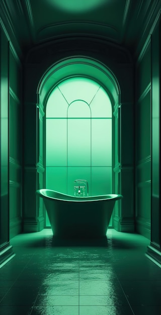 A bathtub with a green light on the wall in a bathroom.