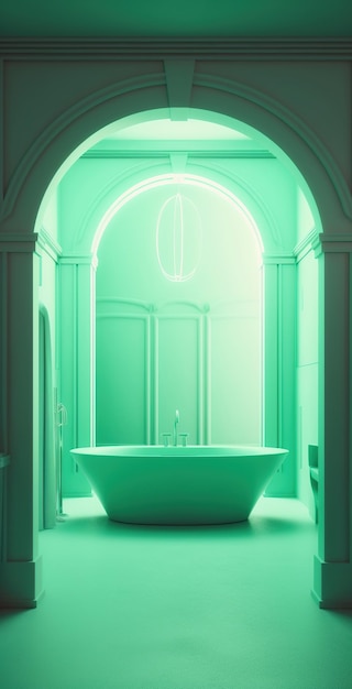 壁に緑色のライトが付いている浴槽と、シンクのある浴槽。