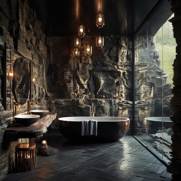 A bathtub with a large mirror above it is in a room with a stone wall