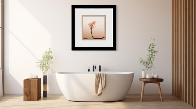 Photo a bathtub with a picture of a flower on the wall