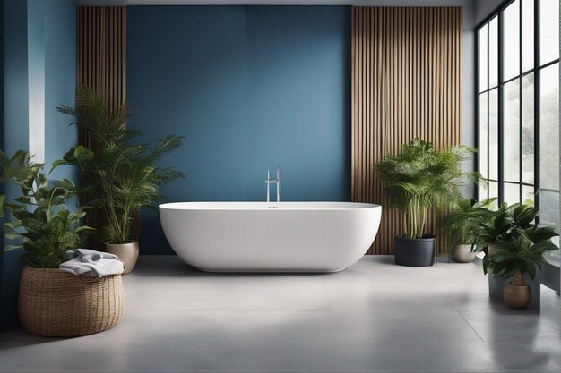 a bathtub with plants and a blue wall in the background.