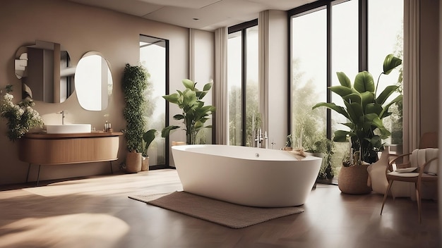 a bathtub with plants in a room with a plant in the corner.