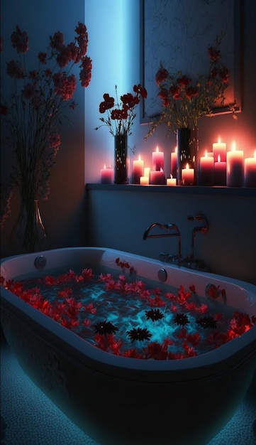 A bathtub with red flowers in it