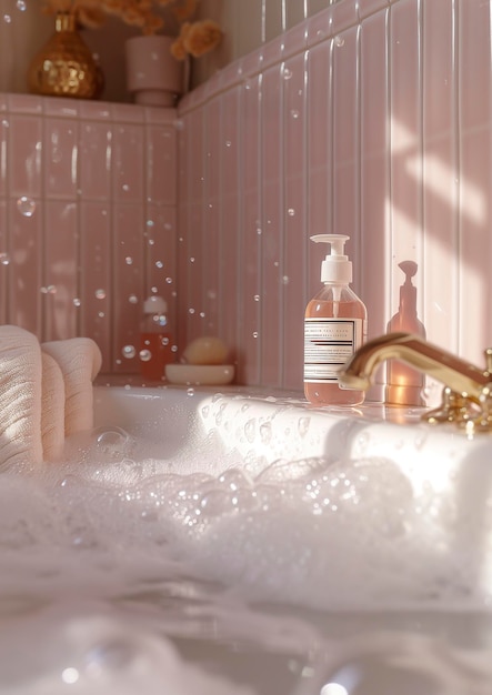 Bathtub with soap and soap bubbles in it luxury toilet interior styling