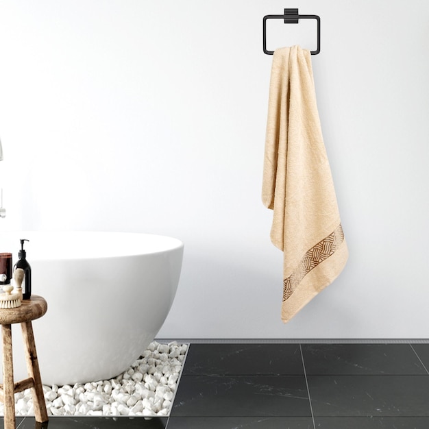 A bathtub with a towel hanging from it and a stand with rocks on it