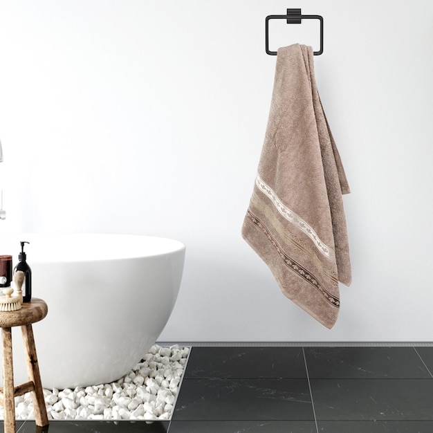 A bathtub with a towel on it and a stand with a toilet in the background