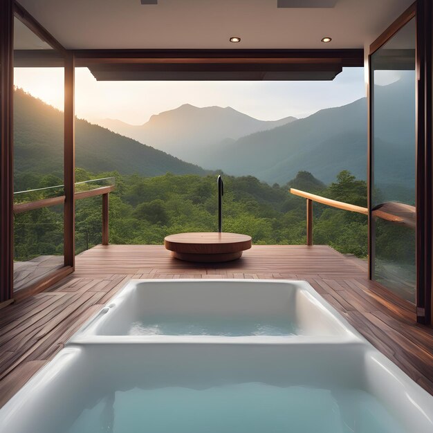 a bathtub with a view of mountains and mountains in the background