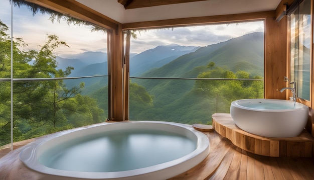 Foto una vasca da bagno con vista su montagne e alberi