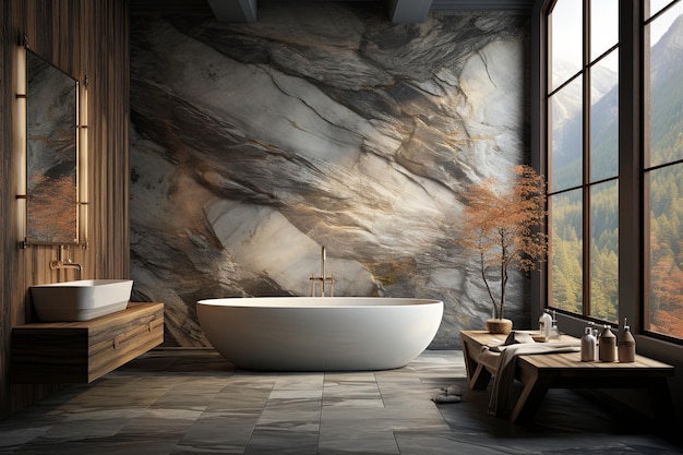 a bathtub with a wooden bench and a window in the background