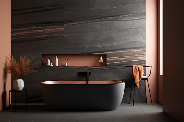 a bathtub with a wooden frame and a black and white marble wall.