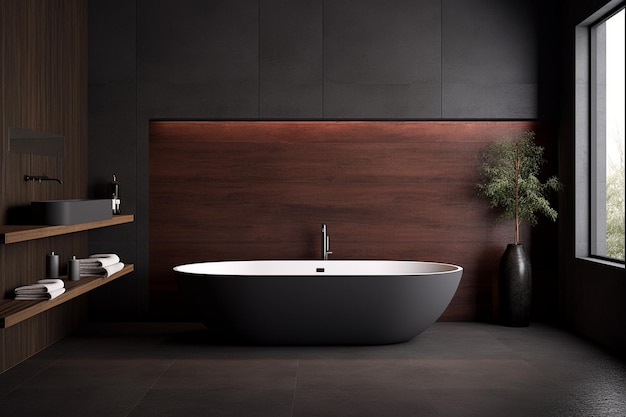 a bathtub with a wooden frame and a potted plant on the shelf.