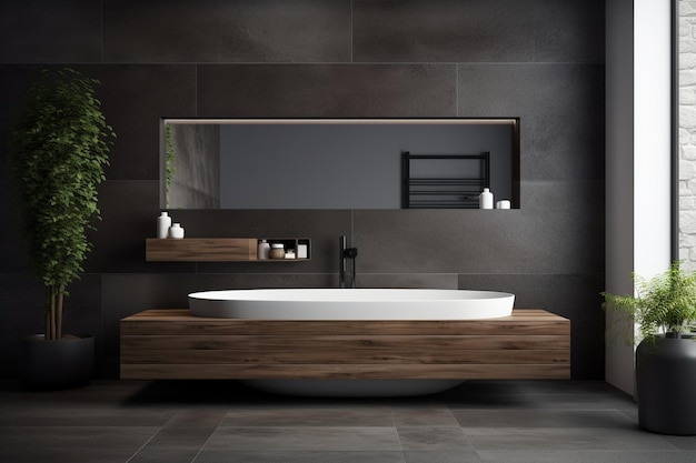 a bathtub with a wooden shelf and a shelf with towels on it