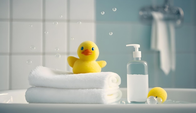 A bathtub with a yellow rubber duck on it