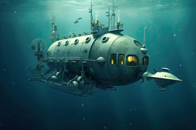 Bathyscaphe at a depth under water