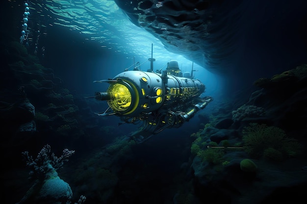 Bathyscaphe floats near the ocean floor