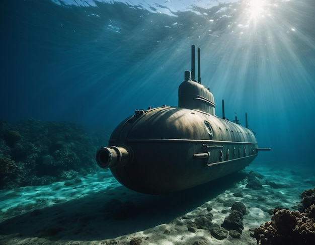 Bathyscaphe ondergedompeld in de oceaan omringd door koraal en vissen met zonlicht dat door het water filtert