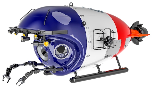 프랑스 국기가 있는 Bathyscaphe 프랑스 3D 렌더링의 해양 지질학 해양학