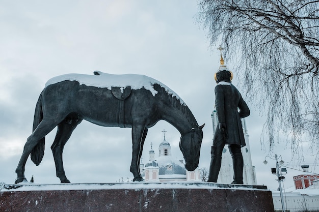 Batiushkov monument near the Vologda Kremlin in winter.