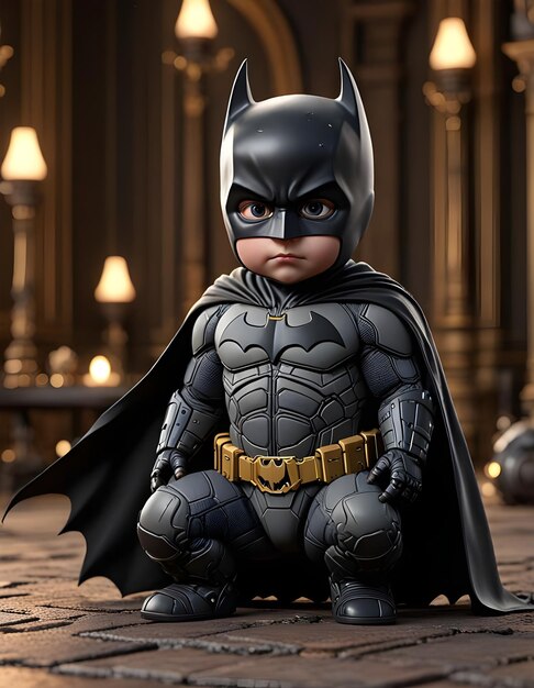 A batman figure in a Baby batman costume is standing in a dark room Created with generative AI