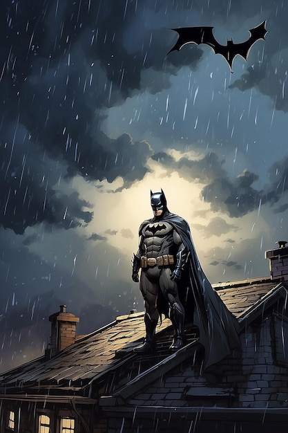 屋根の上のバットマン雨が降る夜の暗闇の美学