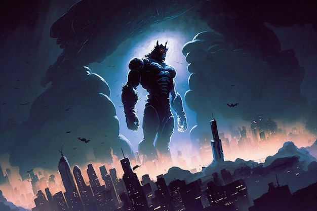 A batman statue stands in a city with a city in the background.