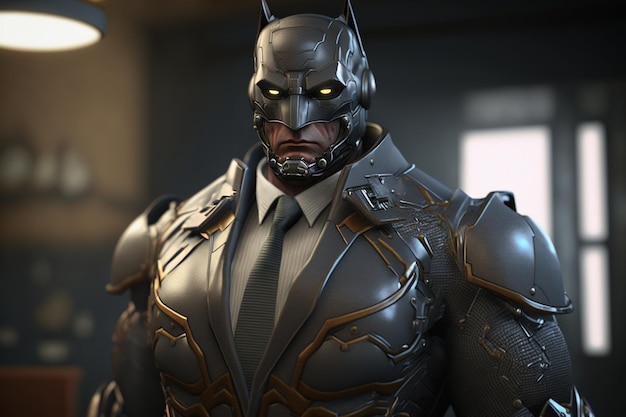 A batman suit stands in a dark room.