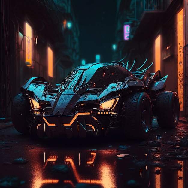 A batmobile is in the dark and lit up