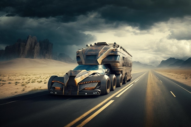 A batmobile is driving down a road in a desert.