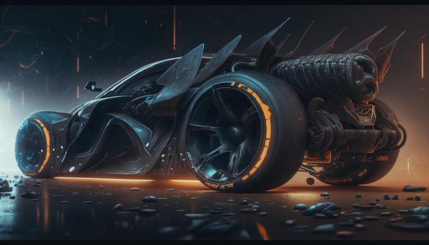 A batmobile is painted in a dark scene.