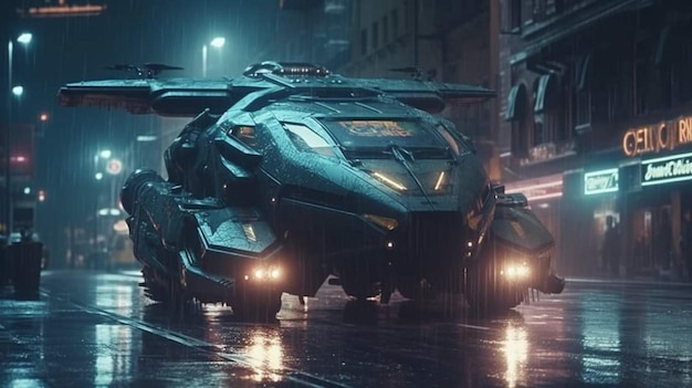 Batmobile in the rain in the city