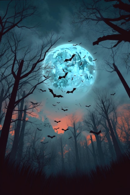 Bats flying in front of a full moon in night sky created with generative ai