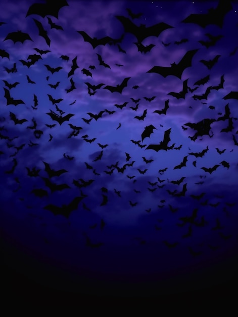 Photo bats flying in the night sky with a purple and blue background generative ai