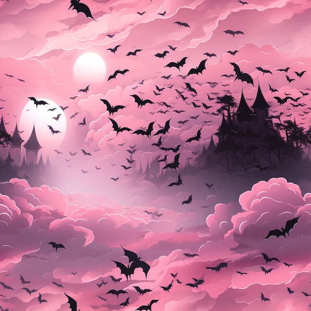 Bats flying in the sky over a castle with a full moon generative ai