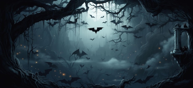 Bats hanging upside down from the branches of a stylized tree