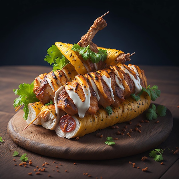 Battered sausage with sauces on a wooden tray