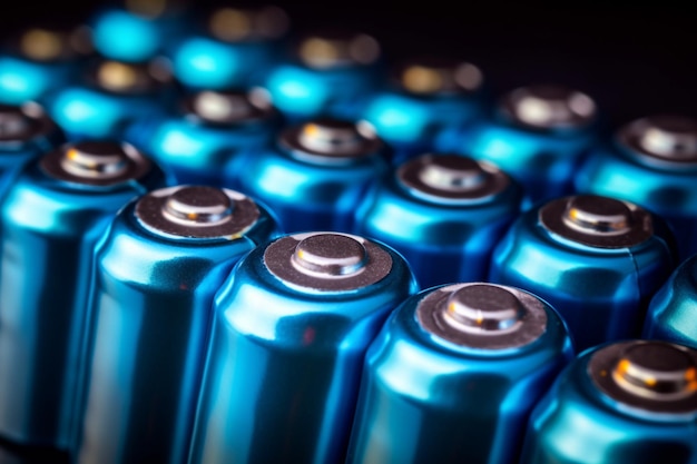 列に並んだ電池青いアルカリ単三電池の正極のクローズアップまたはマクロ画像
