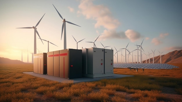 Batterijen energieopslag systeem met windturbines en zonne-energie