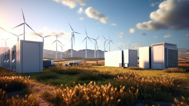 Batterijen energieopslag systeem met windturbines en zonne-energie