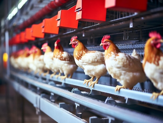 Battery cage of layer chickens with multilevel production line conveyor production l generative ai