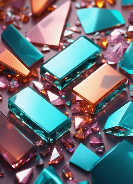 Battery made of sparkling diamond glass fragments in deep turquoise orange and pink shades shiny