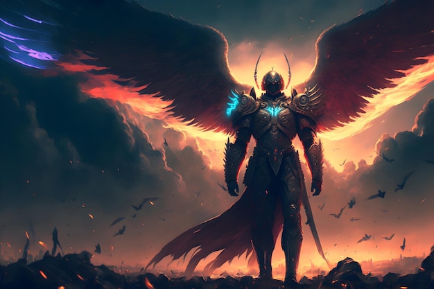 Battle archangel warrior in armor Big wings on his back Angel of revenge on battlefield Messenger of God 3d illustration