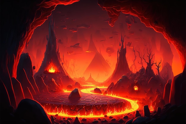 Фото Боевая арена в аду с лавой красочный мультфильм современная иллюстрация хороша для вашего дизайна ai