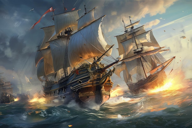 Битва в открытом море с пиратским кораблем и вражеским судном, обменивающимися пушечным огнем